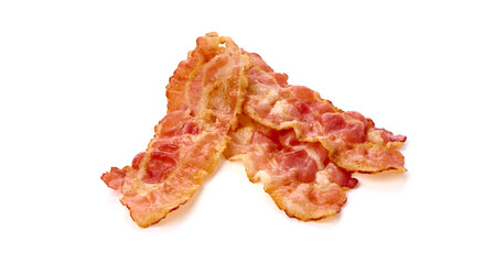 Wall Mural - Cooked bacon rashers, close-up, isolated on white background.