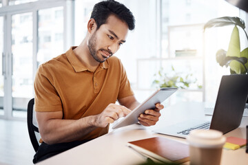 Tablet, office focus and man reading web research, customer experience feedback and online app analysis. Multimedia project, professional male editor and agent working on editing social media post