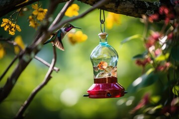 Wall Mural - hummingbird feeder hanging from birdhouse, with the flutter of hummingbirds nearby, created with generative ai