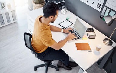 Poster - Laptop, working and business man typing internet, web or online research for multimedia design, project process or development. Office top view, html website and male designer working on web graphic