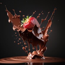 Strawberry Is Falling Into Chocolate Action Shot Ultra. Strawberry Coated Chocolate. Chocolate And Strawberry Splash. Generative AI.