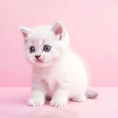 Wall Mural - Little cute irresistible white cat ​​on pastel pink background, studio concept, lovely small kitten animal. Illustration, Generative AI.