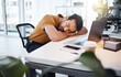 © C.M./peopleimages.com - Tired, business man and sleeping at desk in office with burnout risk, stress problem and nap for low energy. Fatigue, lazy and depressed male employee with anxiety, overworked and bored in workplace