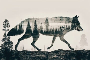 Canvas Print - double exposure of wolf running through forest and pack hunting for food, created with generative ai