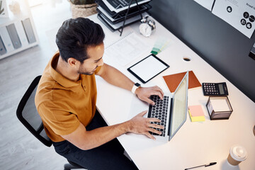 Poster - Laptop, online project or business man typing research for multimedia design, illustration process or graphic development. Research data, top view and male designer working on creative web graphic