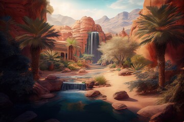 Wall Mural - majestic oasis with waterfalls and lush greenery, surrounded by desert landscape, created with generative ai