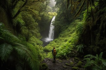 Wall Mural - person, hiking through lush forest, with waterfall in the background, created with generative ai