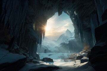 Wall Mural - frozen cavern, with view of distant sun or moon shining through the entrance, created with generative ai