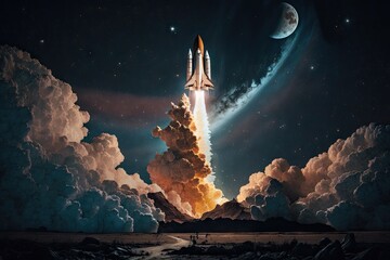 Wall Mural - rocket launches into the night sky, with stars and moon in view, created with generative ai