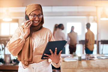 Poster - Phone call, tablet and muslim woman in office for happy multitasking, startup business and workflow management. Professional islamic person in hijab with digital technology and online communication