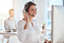 Call Center, Computer And Friendly With Woman In Office For Customer Service, Technical Support And Advice. Technology, Contact Us And Communication With Employee Operator In Help Desk Agency