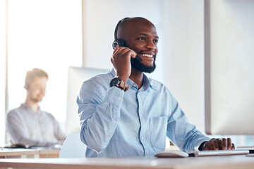 Wall Mural - Call center, computer and listening with black man in office for customer service, technical support and advice. Technology, contact us and communication with employee operator in help desk agency