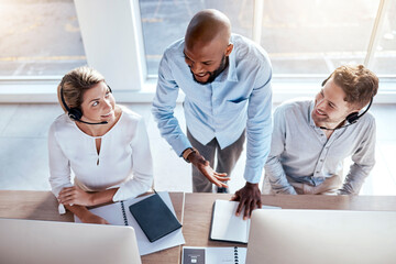 Poster - Call center employees in customer service training, help and business people working together with support. Contact us, CRM and coworking top view with teaching and learning, coaching and team leader