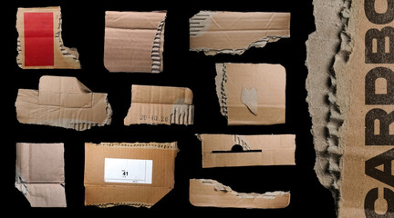 Wall Mural - torn cardboard pieces texture collection isolated on black background