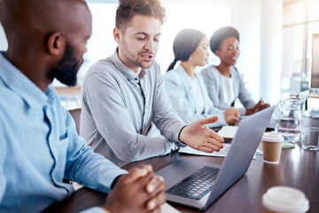 Leinwandbilder - Laptop, coaching and business people training in office, learning and teaching. Manager, computer and mentor helping black man, worker or intern with project management, explain and leader managing.
