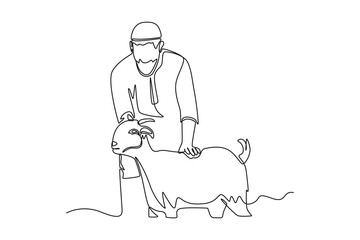 Single one line drawing muslim boy bring a goat for sacrifice. Happy Eid Al Adha. Continuous line draw design graphic vector illustration.