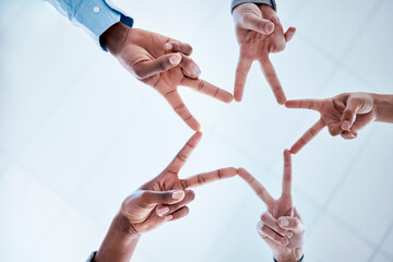 Star, shape and hands of business people with peace, team building motivation and below support. Meeting, about us and employee fingers together for solidarity, mission or creative work goal