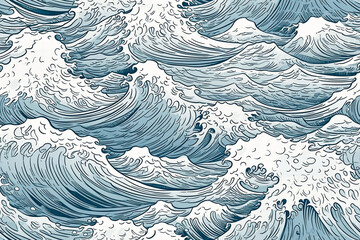 Hand drawn ocean surf wave seamless pattern. Wavy illustration in line art. Generative AI