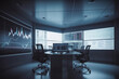 © VisualProduction - Conference room interior with financial chart on screen. Dark empty room with chairs and tables and graphs on screen. Generative AI.