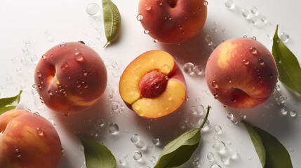 Wall Mural - Fresh peach with water drops on white background. Close up