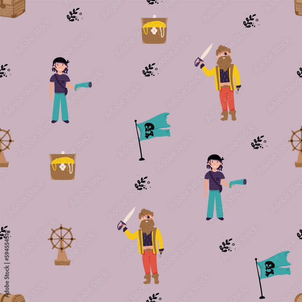 Seamless pattern with cute kid boy pirate. Cartoon child holding sword ...