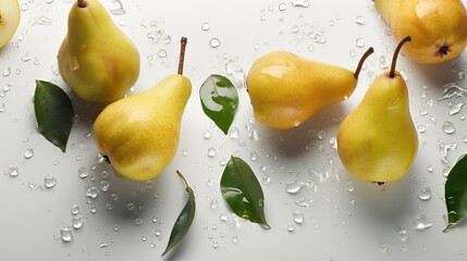 Wall Mural - Fresh pears with water drops on white background. Close up