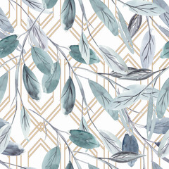 Seamless background. Watercolor branches on a light geometric background.