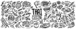 cute doodle cartoon regional tasty Thai foods popular menu , desserts ,fruit and ingredients. vector outline hand drawn for Thai street foods isolated on white background. drawing style