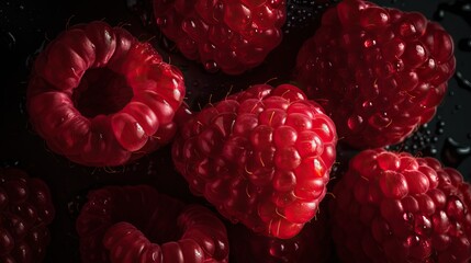 Wall Mural - Ripe raspberry with water drops on black background. Close up