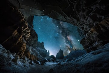 Wall Mural - frozen cavern, with view of distant star field, and a glimpse of the night sky, created with generative ai