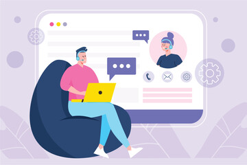 Poster - Call center violet concept with people scene in the flat cartoon style. Call center employees communicate via video chat and discuss how to help customers. Vector illustration.