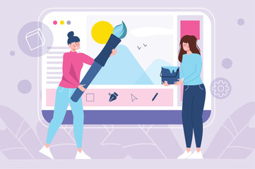 Aufkleber - Design studio violet concept with people scene in the flat cartoon design. Two designers discuss the colors to be used in a new project. Vector illustration.