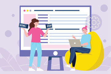 Poster - Programing software violet concept with people scene in the flat cartoon design. Team of programmers develops software. Vector illustration.