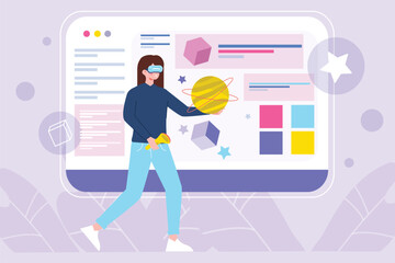 Aufkleber - VR violet concept with people scene in the flat cartoon design. Girl plays computer games in virtual space. Vector illustration.