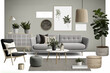 Interior design moodboard with modern living room furniture, home accessories, materials. Furniture store, indoor details. Interior design project idea mood board, collage.