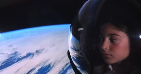Wall Mural - Child Astronaut's Interstellar Adventure: Earth Reflected in the Helmet's Visor. Technology Related 4K Studio Shot.