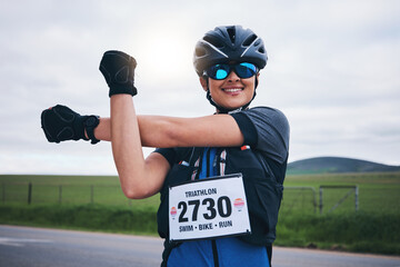 Canvas Print - Stretching, triathlon and cycling with woman in road for training, competition and workout. Warm up, fitness and exercise with female cyclist in nature ready for performance, summer and marathon