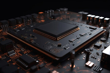 Poster - Close Up shot of circuit cyberspace board with computer motherboard component microchip with chip structure - Generative AI