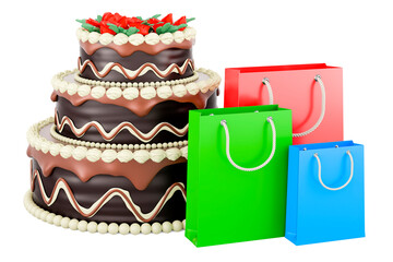 Poster - chocolate cake with shopping bags, 3d rendering