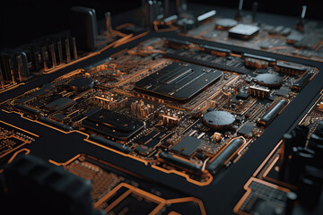 Poster - Close Up shot of circuit cyberspace board with computer motherboard component microchip with chip structure - Generative AI