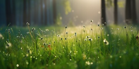 forest flour in the morning after the rain, sunny spots, colorful and beautiful flowers grow on a green grass