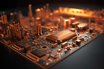 Poster - Close Up shot of circuit cyberspace board with computer motherboard component microchip with chip structure - Generative AI