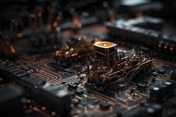 Poster - Close Up shot of circuit cyberspace board with computer motherboard component microchip with chip structure - Generative AI