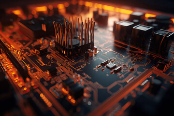 Poster - Close Up shot of circuit cyberspace board with computer motherboard component microchip with chip structure - Generative AI