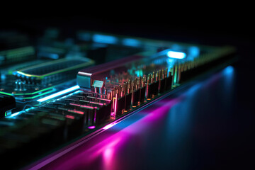 Poster - Close Up shot of circuit cyberspace board with computer motherboard component microchip with chip structure - Generative AI