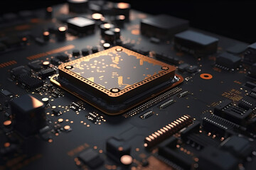 Poster - Close Up shot of circuit cyberspace board with computer motherboard component microchip with chip structure - Generative AI