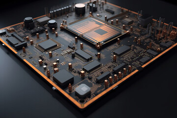 Poster - Close Up shot of circuit cyberspace board with computer motherboard component microchip with chip structure - Generative AI