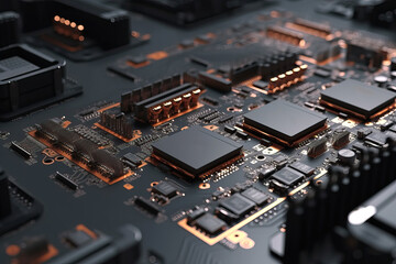 Poster - Close Up shot of circuit cyberspace board with computer motherboard component microchip with chip structure - Generative AI