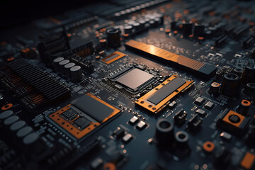Poster - Close Up shot of circuit cyberspace board with computer motherboard component microchip with chip structure - Generative AI