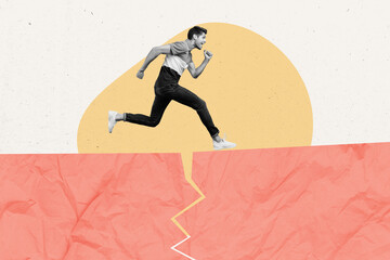 Aufkleber - Collage portrait of excited black white effect guy run jump above cracked damaged surface isolated on creative background